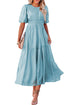 Puff Sleeve Pleated High Waist Flowy Long Dress